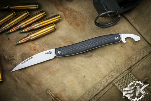 D Rocket Designs Serpentine Carbon Fiber Slipjoint Knife 2.25" M390 Wharncliffe/Bottle Opener