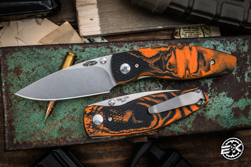 Three Rivers Manufacturing NEUTRON 2 Folding Knife Diamond Texture Tangerine Tiger Swirl G10 3" 20CV Stonewash