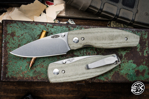 Three Rivers Manufacturing NEUTRON 2 Folding Knife Contoured OD Green Micarta 3" 20CV Stonewash