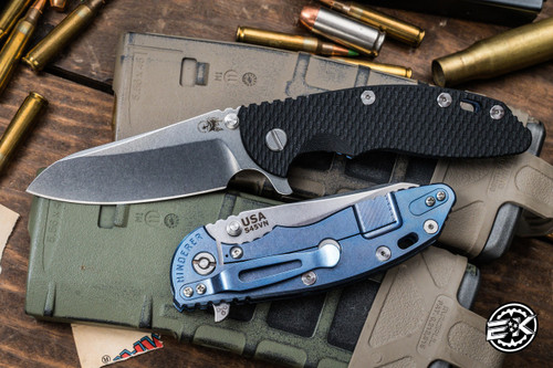 Rick Hinderer Knives XM-18 3.5" Sheepsfoot Folding Knife Black G10, Stonewash Blue Titanium