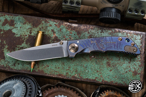 Spartan Blades Harsey Folder "Plague" Custom Engraved Blue and Bronze Titanium 3.25" S45VN Drop Point Stonewash