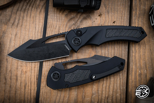 Heretic Knives "Pariah" Manual Button Lock Folding Knife Tactical Glow Carbon Fiber Inlays Tritium Button 4" DLC MagnaCut H046-6A-GLO/CF