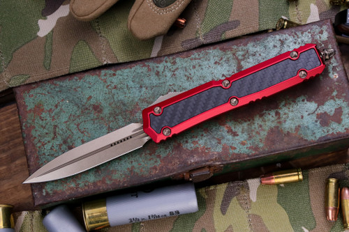 Microtech Makora Red Carbon Fiber Inlay OTF Automatic Knife (Nickel Boron Internals) 3.25" Bronze Dagger 206-13RDCFIS