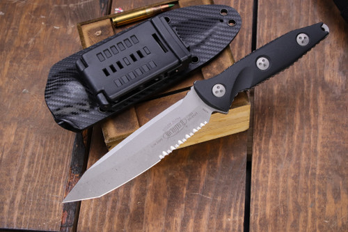 Microtech Socom Alpha Fixed Blade Knife Black G10 5" Tanto Serrated Apocalyptic Stonewash 114-11AP