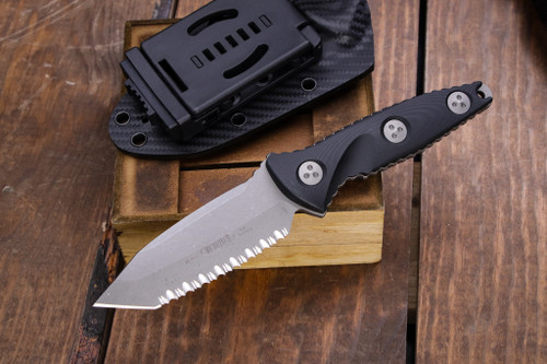 Microtech Socom Alpha Mini Fixed Blade Knife Black G10 3.75" Tanto Serrated Stonewash Apocalyptic 114M-12AP