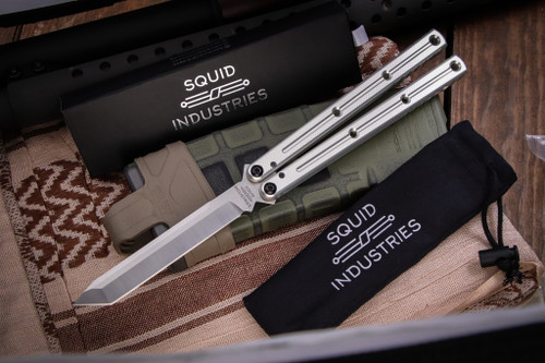  Squid Industries Krake Raken V3 Silver Butterfly Balisong 4.3" Tanto Stonewash