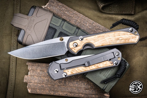 Chris Reeve Knives Large Sebenza 31 Box Elder Inlay/Bead-Blasted Titanium  Knife 3.6" Drop Point Stonewash L31-1108