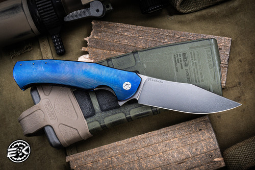 Preowned-(Left Hand) Herman Custom Mantis Blue Titanium Milled  3.75" M390 Stonewash