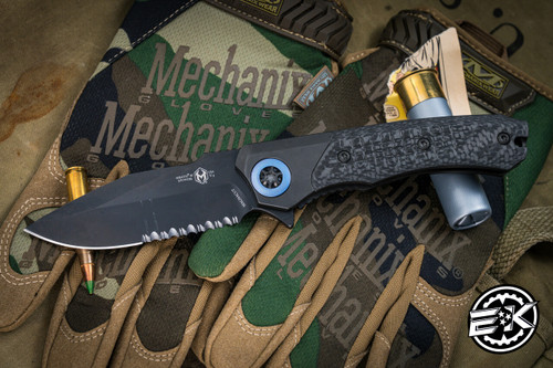 Preowned-Heretic Knives "Wraith" Manual V3 Flipper Carbon Fiber/Titanium 3.6" DLC Drop Point Serrated H001-6B-BLUTI