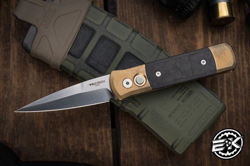 Preowned-ProTech Godson Limited Automatic Knife Bronze Aluminum/Camo FatCarbon Inlay 3" Bayonet Satin 7114