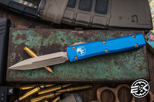 Preowned-Microtech Ultratech OTF Knife Blue 3.4" M390 Dagger Bronze 122-13BL 