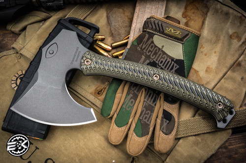 RMJ Tactical WeeZerker Tomahawk Dirty Olive G10 Bronze Accents 5" Tungsten Cerakote