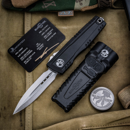 Prototype-Microtech Luminary OTF SureFire Stiletto Pro II Flashlight Black Aluminum Tritium Button 3.5" Dagger Stonewash