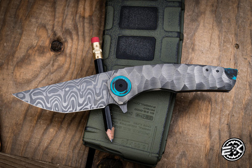 Christensen Knifeworks "Small Dreadeye" Rock Titanium Tiffany Blue CF Accents 3" Gatorhide Damascus